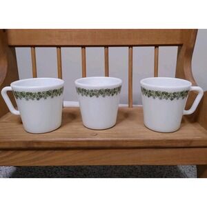 Set of 3 VTG Pyrex Corelle Spring Blossom Green Crazy Daisy D Handle Coffee Cups